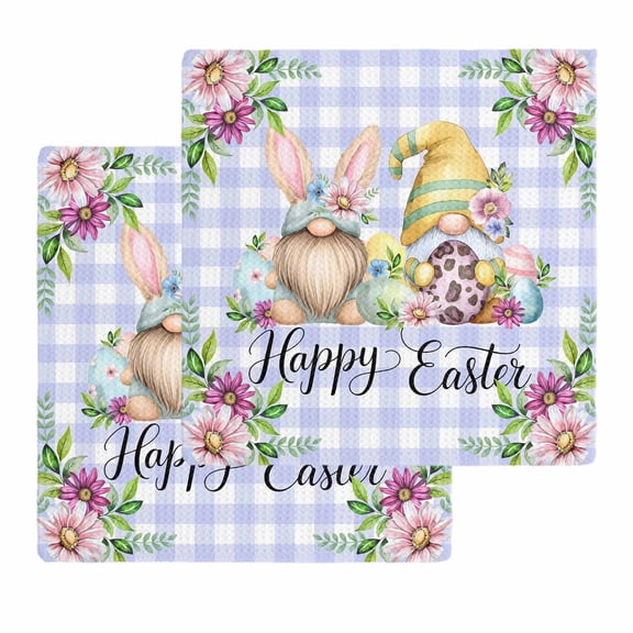 Easter Kitchen Dish Towels for Drying Dishes Set of 2, Watercolor Gnomes Eggs Daisy Flower Light Purple Plaid Waffle Weave Microfiber Hand Tea Bathroom Towels Quick Dry & Absorbent Towel 12x12