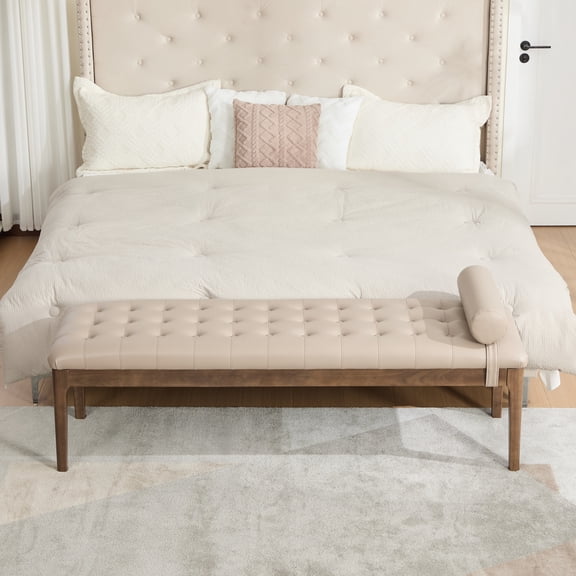 Upholstered Bed Bench 66 Inch, Button Tufted Faux Leather Bench with Dark Walnut Legs, End of Bed Bench for Bedroom and Entryway, Taupe