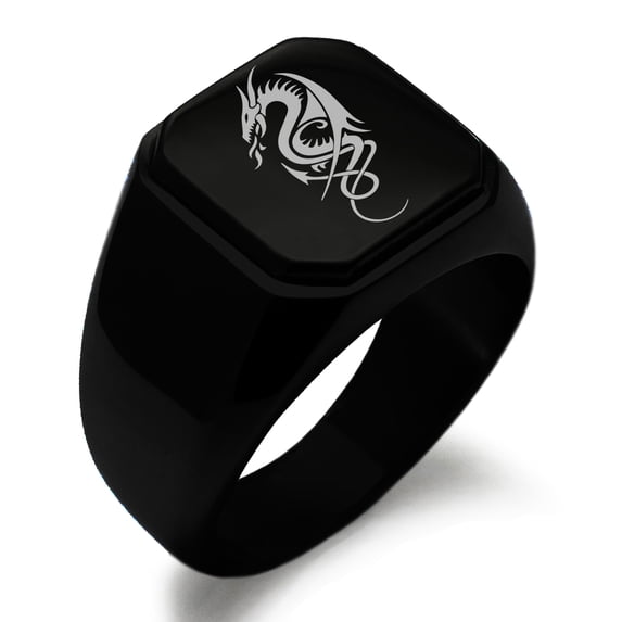 Stainless Steel Horned Dragon Engraved Square Flat Top Biker Style Polished Ring