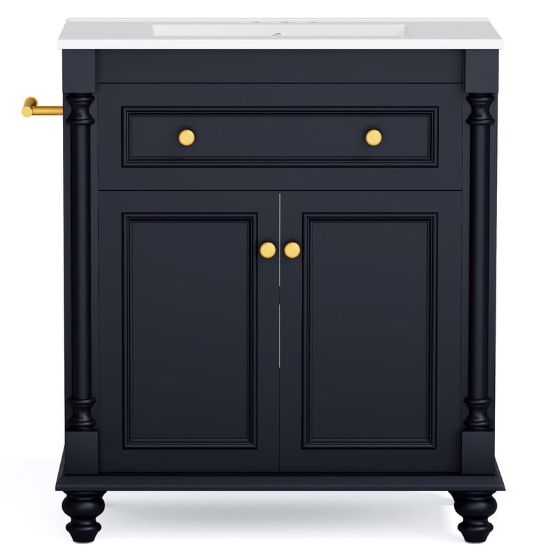 Lacoo 30'' Freestanding Bathroom Vanity with Integrated Ceramic Sink, Traditional Bathroom Storage Cabinet with Flip Drawer, Double Doors & Side Towel Bar, Blue