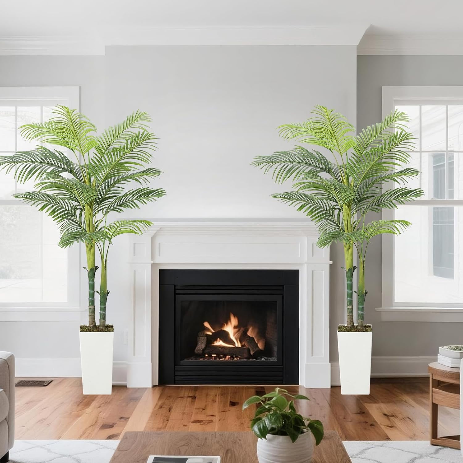 5FT Artificial Palm Tree Indoor Outdoor - 60 Inch Fake Silk Palm Plant with Realistic Fronds & 2 Trunks, White Tall Planter with Concrete Base & Faux Moss, Home Decor for Living Room, Office, Hotel