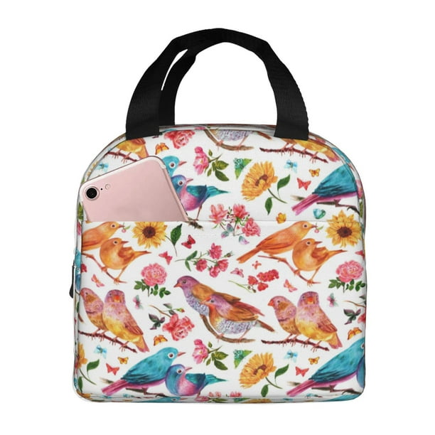 Easygdp Flowers Birds And Butterflies Bolsa Térmica Premium - Tela Oxford Impermeable, Gran Capacidad, Bolsillo Frontal, Unisex para Trabajo, Escuela, Actividades al Aire Libre y Picnics
