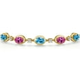 thumbnail image 3 of Gem Stone King 18K Yellow Gold Plated Silver Swiss Blue Topaz and Pink Created Sapphire Bracelet for Women | 4.80 Cttw | Gemstone November Birthstone | Oval 7X5MM | Fully Adjustable 9 inch, 3 of 6