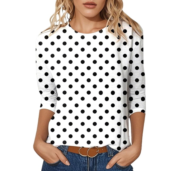 Fgnfyis Women's T-Shirts Polka Dot Print Short Sleeve Crew Neck Casual Blouse Top Flowy Fit Style Womens Tops White XL