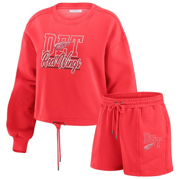 Women's WEAR by Erin Andrews Red Detroit Red Wings Washed Fleece Sweatshirt & Shorts Lounge Set