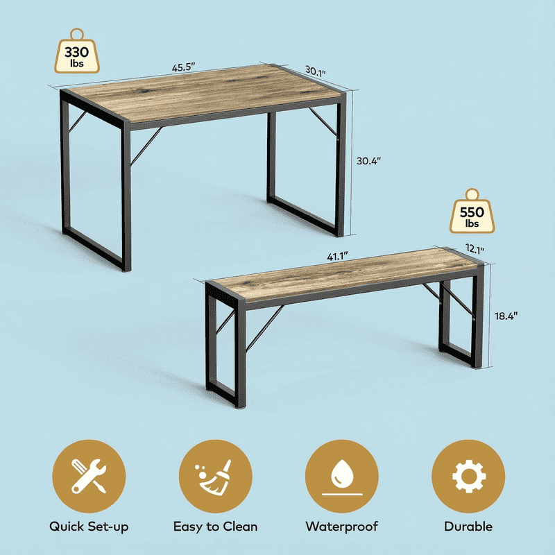 Aiho 3-Piece Dining Table Set - Industrial Kitchen Table & Chairs with Stain-Resistant Oak Top, Space Saving Design for Small Homes, Gray