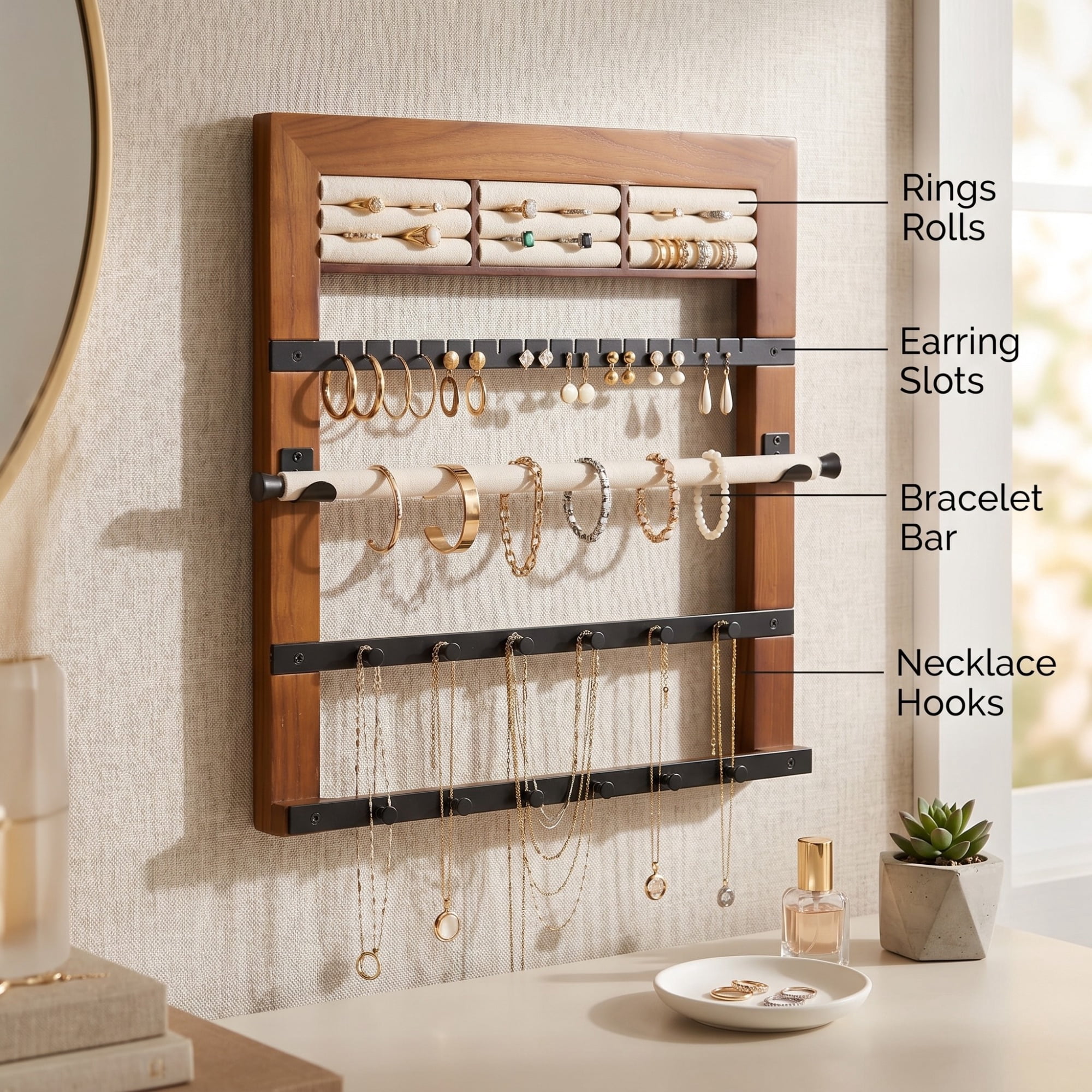 Hives and Honey Wall Hanging Walnut Wood Jewelry Storage Rack