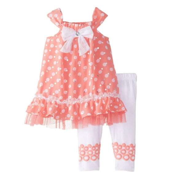 Nannette Infant Girls Orange Dot Chiffon Top White Leggings Outfit 2 PC Set 18m