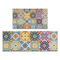 Blue Boho Bohemia Floral Geometric Pattern Kitchen Rugs Sets Of 2,Anti Fatigue Kitchen Mat Rugs Non Slip Washable,Decorative Kitchen Floor Mats for Kitchen,Sink,Laundry,17"x30" 17"x47"