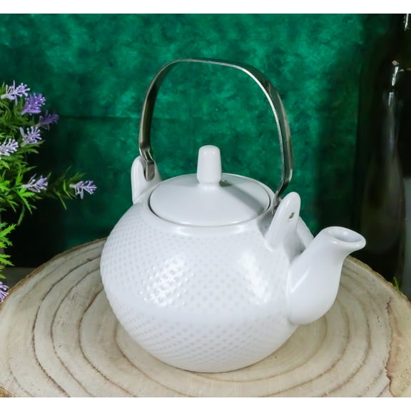 Ebros Imperial Spotted Texture Teapot With Stainless Steel Handle 28oz (White)