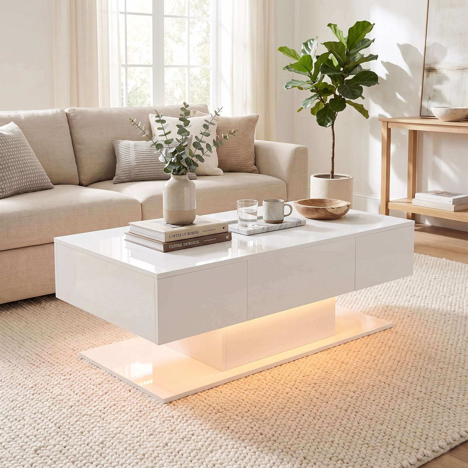 Furnibear Modern LED Coffee Table with 20 Color Lights Remote Control and 2 Push to Open Storage Drawers for Living Room, White