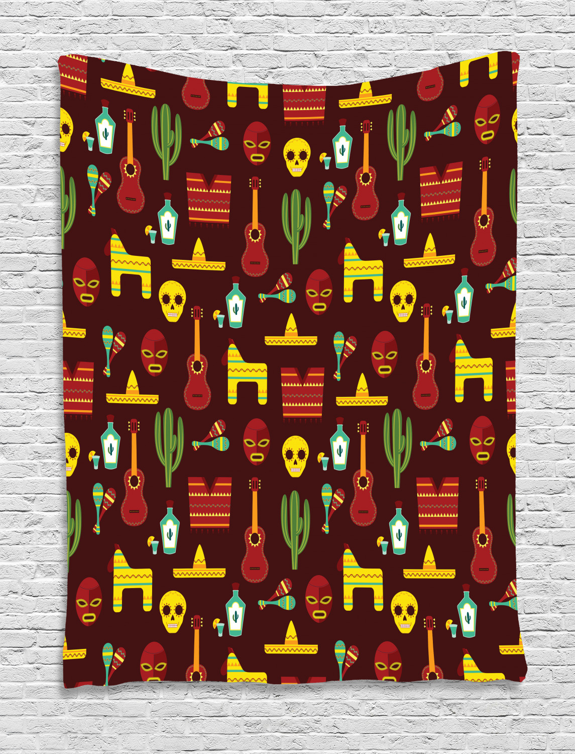 Mexican Tapestry, Pattern with Traditional Cultural Elements Music Accessories Tequila and 