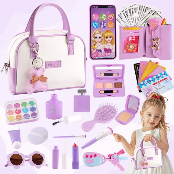 TiokMc Kids Toddler Play Purse, 37-Piece Set with Handbag, Pretend Makeup, Wallet, Phone & Princess Toys – Creative Role Play Gift for Girls Ages 3-6