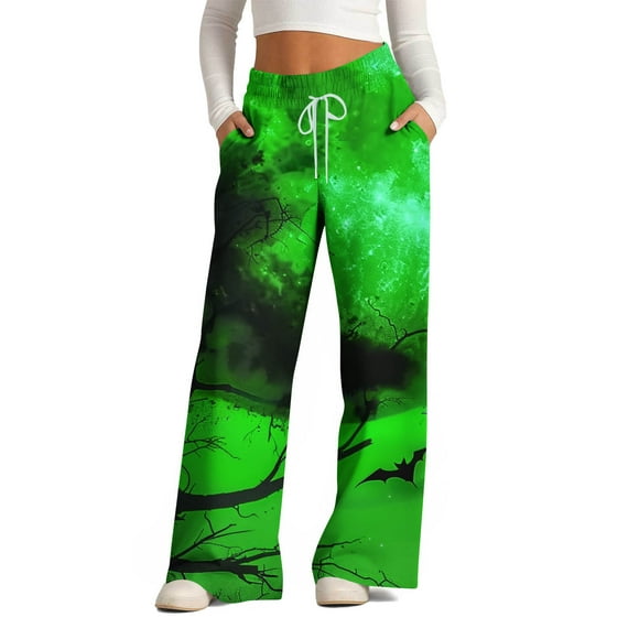 Pisexur Womens Halloween Sweatpants Fashion Graphic Print Wide Leg Pants Elastic Waist Drawstring Workout Hiking Pants Casual Baggy Holiday Beach Pajama Pants with Pockets