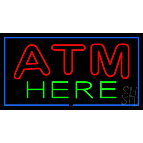 Double Stroke ATM Here Blue Border LED Neon Sign 13 x 24 - inches, Black Square Cut Acrylic Backing, with Dimmer - Bright and Premium built indoor LED Neon Sign for Defence Force.