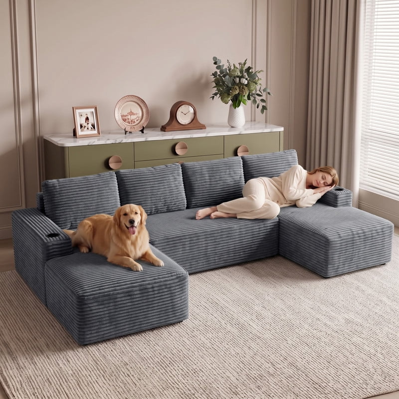 Anpport 133" Boneless Cloud Modular Sectional Couch, Corduroy Sofa with Cup Holders, Side Pockets, Deep Seat, No Assembly Required for Living Room, Gray (U‑Shaped)
