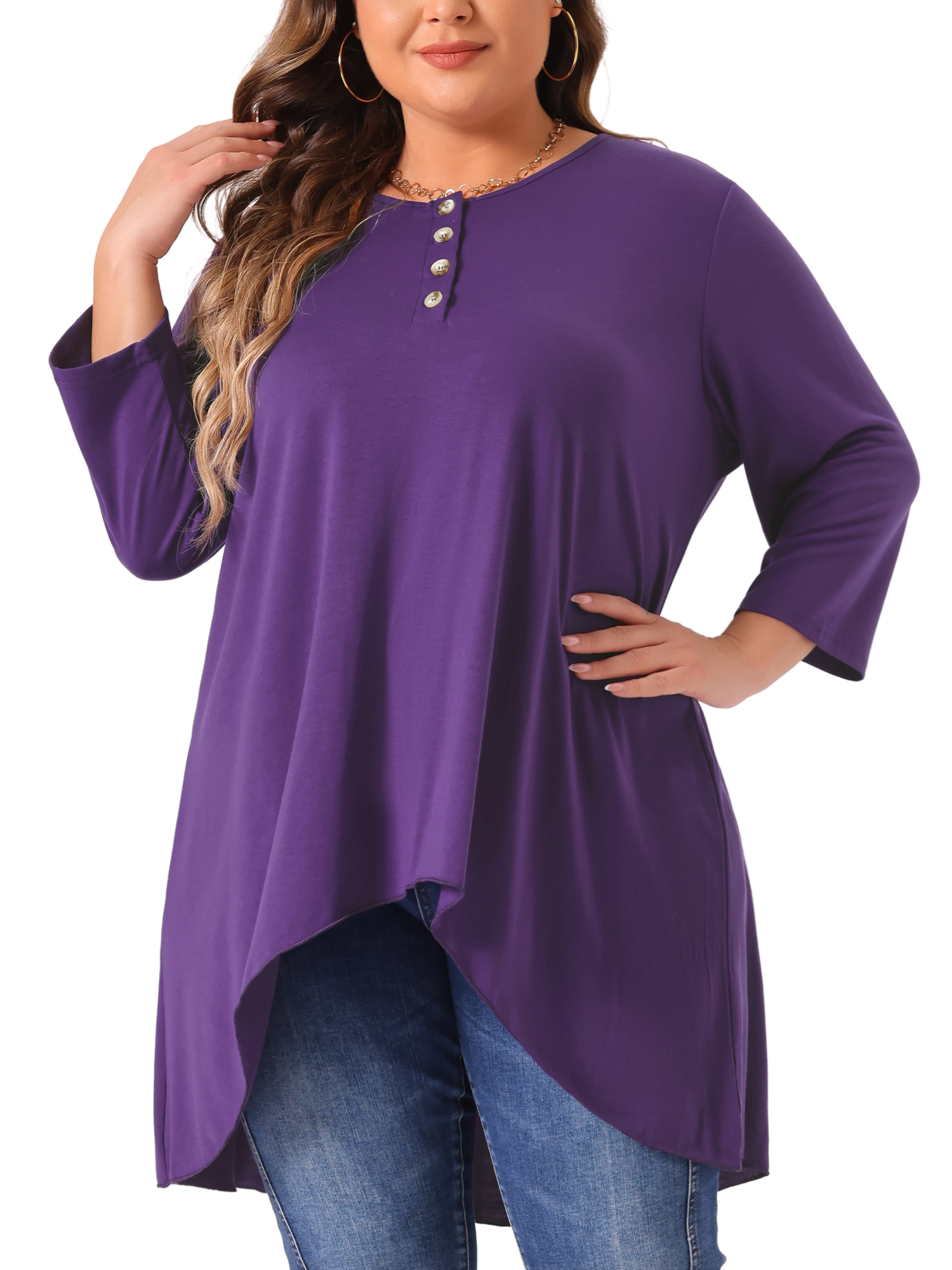 DARING DIVA Women's Plus 3/4 Sleeve High Low Loose Fit Tunic Tops 1X Purple