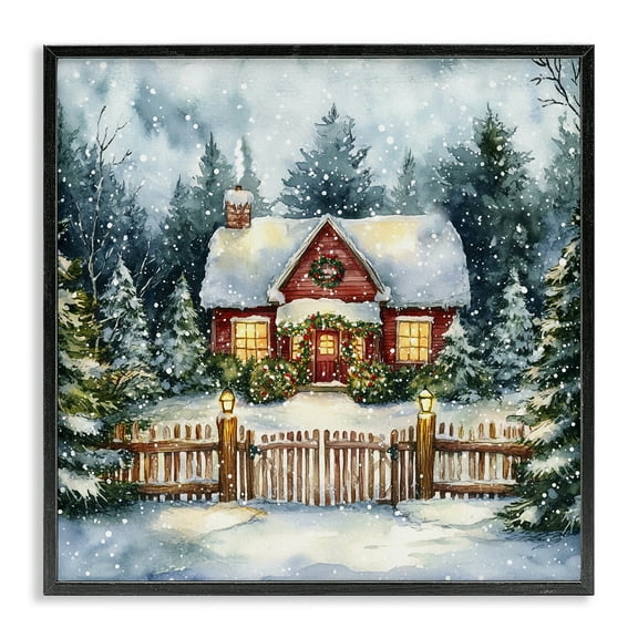 Stupell Industries Scenic Winter Cottage Holiday Painting Black Framed Art Prints Wall Art, 12 x 12
