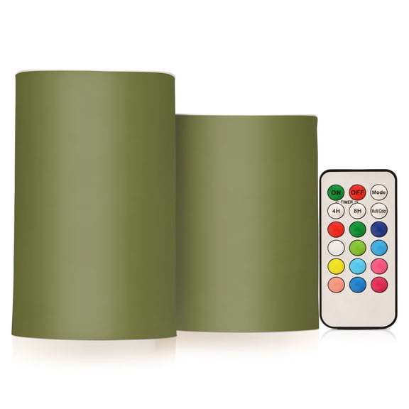 Flickering Flameless LED Candles set of 2 Battery Operated 18-Key Remotes Timer Halloween Fall Decor Olive Green D3''xH4''5''