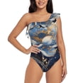 thumbnail image 2 of Picia Blue Golden Dream Lotus Pattern Women's One Piece Swimsuits,One Shoulder Swimwear Asymmetric ,Ruffle Monokinis Bathing Suits,High Waisted Flattering Bathing Suits-Small, 2 of 8
