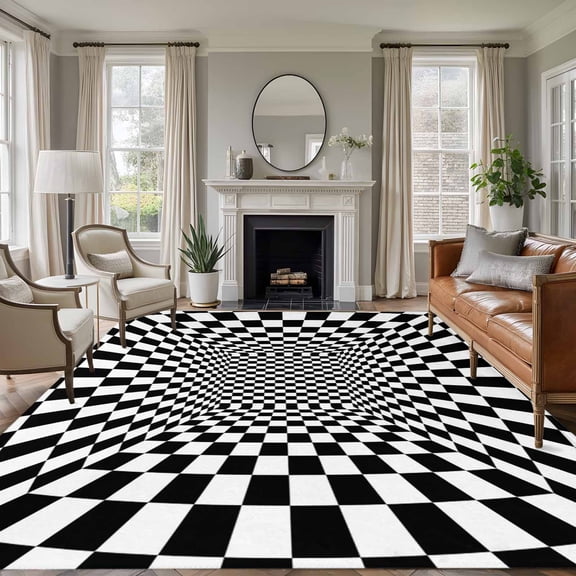 8'x10' Area Rugs, Black White Plaid Indoor Outdoor Area Rug for Living Room Bedroom, Modern Abstract Checkered Striped Washable Bathroom Rugs Kitchen Floor Carpet Mats Home Decor Aesthetic