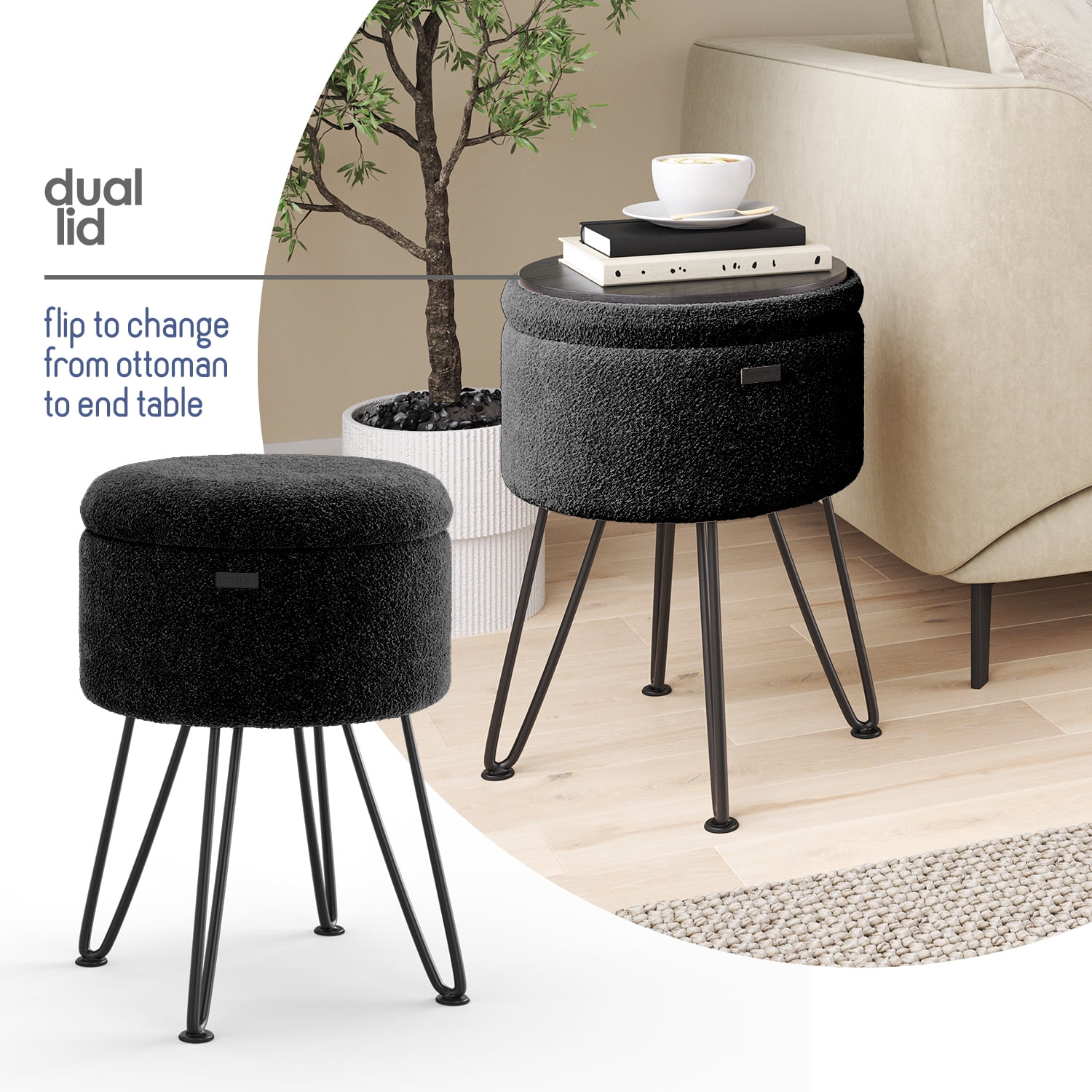 Hearth & Harbor Round Ottoman with Storage, Luxurious Foot Stool and Chic Vanity Stool with Storage, Elegant Boucle Black