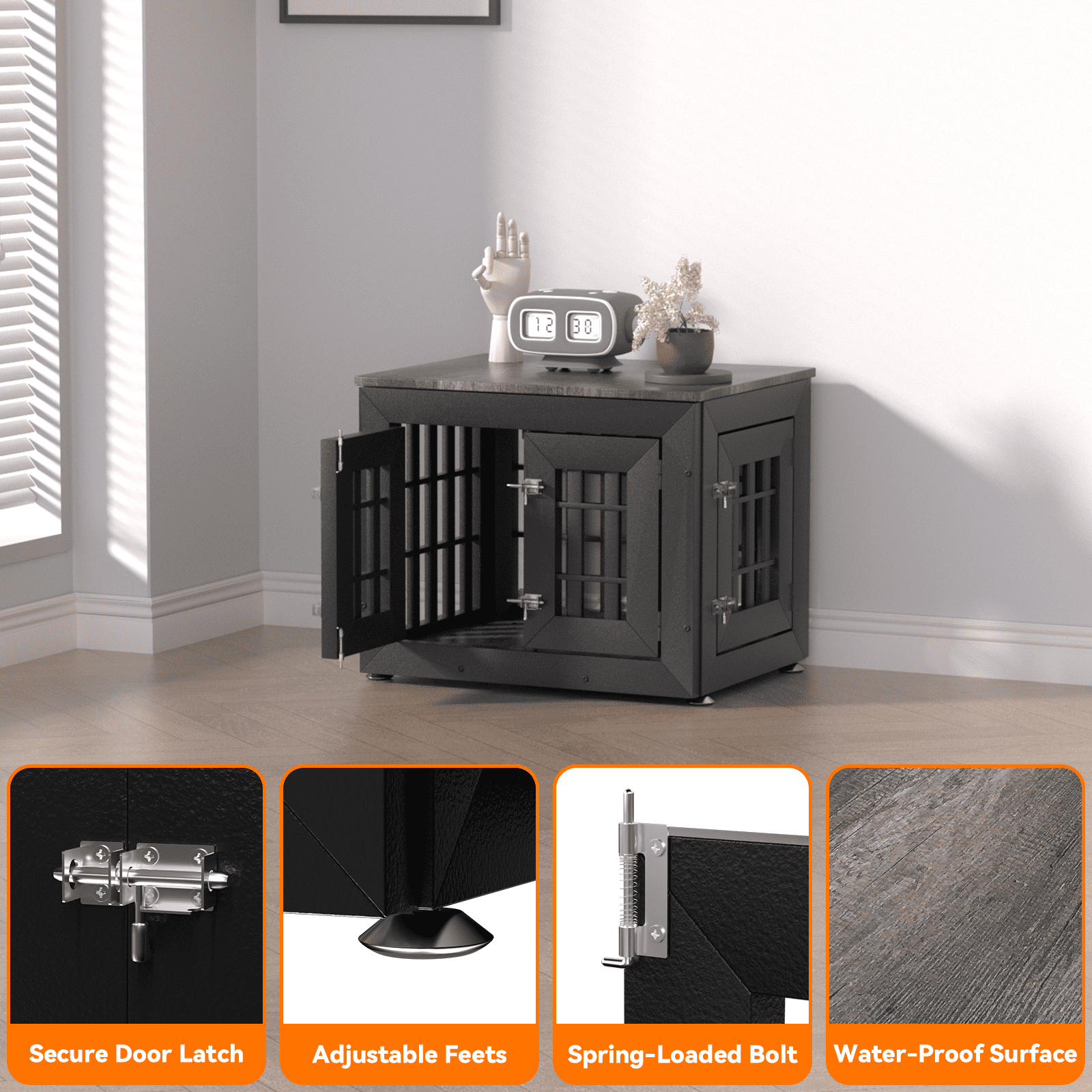 Snuowu 26" Heavy Duty Dog Crate Furniture for Small,Medium and Large Dogs,Rustic Wooden Dog Cage Kennel Indoor Furniture with Waterproof Top,Decorative Pet House Side End Table (Black & Grey)