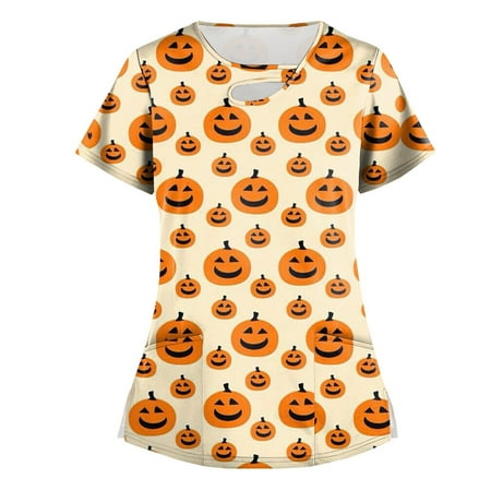 

Bazyrey New Arrivals Halloween Scrub Tops for Women Womens Tops Stretchy Fashion Halloween Printed Work With Pocket T-Shirt Short Sleeve Top Orange XL