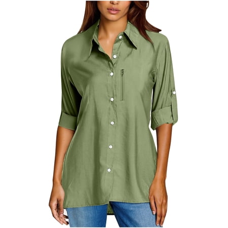 FRSASU Women s Long Sleeve Sun Protection Button Shirts Quick Dry Outdoor Fishing Hiking Travel Solid Shirt Green L(L)