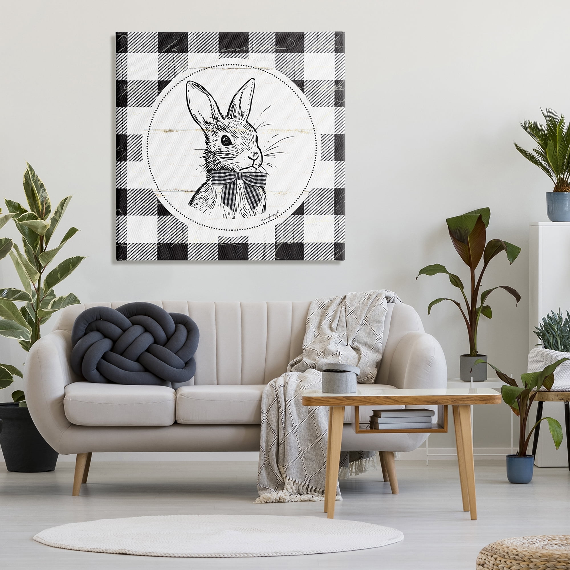Detailed Easter Bunny Drawing Spring Plaid Border Animals & Insects Graphic Art Gallery-Wrapped Canvas Print Wall Art