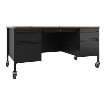 Lorell Desk, Double-Pedestal, Mobile, 60"x30"x29-1/2", Walnut/BK (LLR66945)