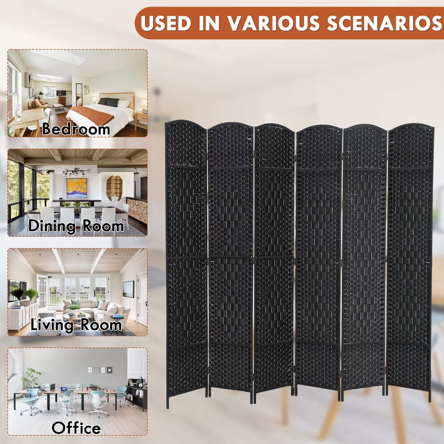 YRLLENSDAN,Room Dividers Panels Folding,Privacy wall Indoor,Wall Divider for Room Separation,Folding Privacy Screen, Freestanding,Wood,6 Panel,Black