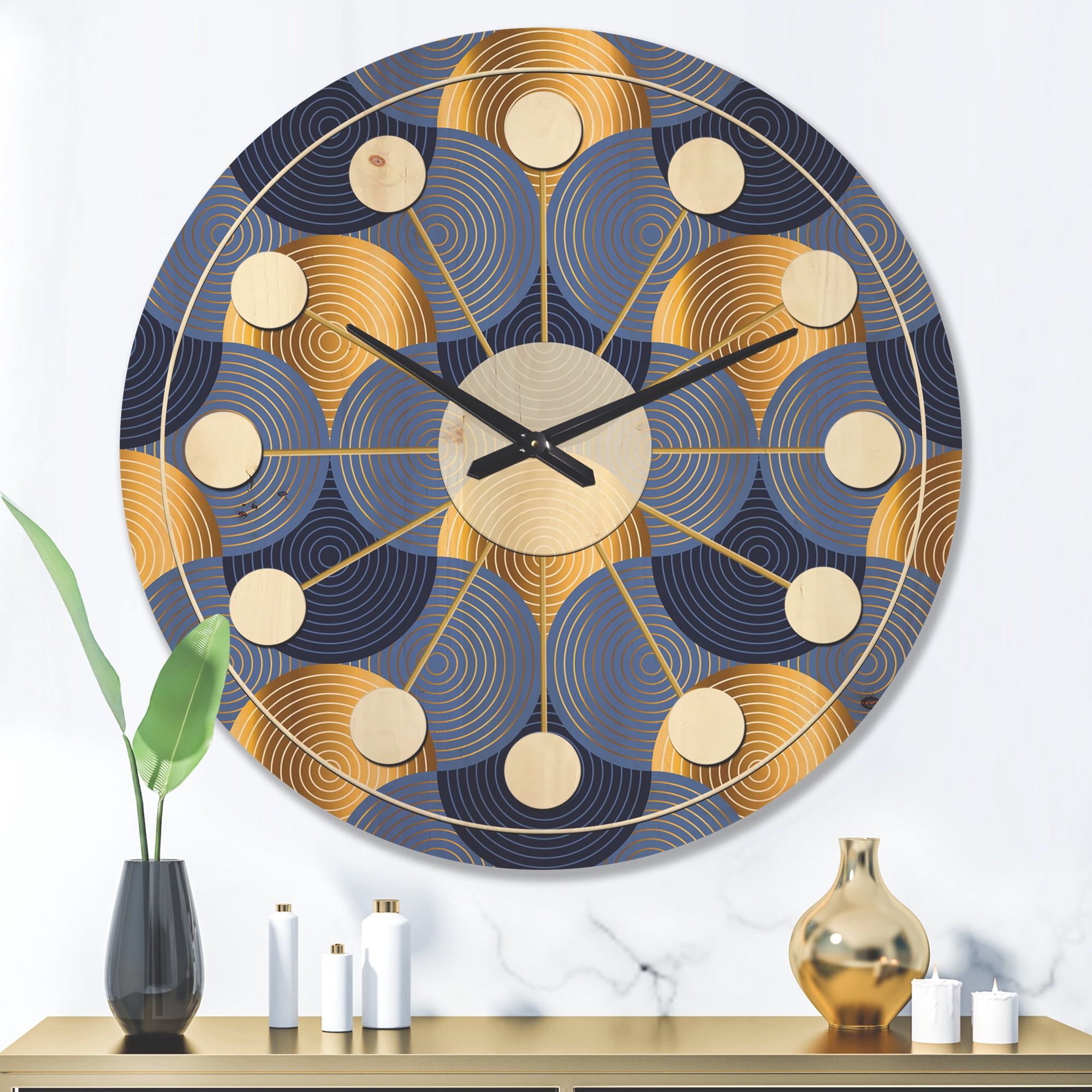 Designart 'Retro Luxury Waves In Blue and Gold VIII' Mid-Century Modern Wood Wall Clock