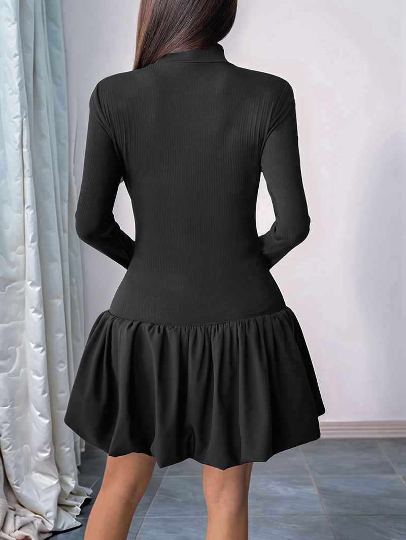 Women Long Sleeve Bubble Mini Dress Bodycon Mock Neck Casual Cocktail Club Party Dresses Black XL