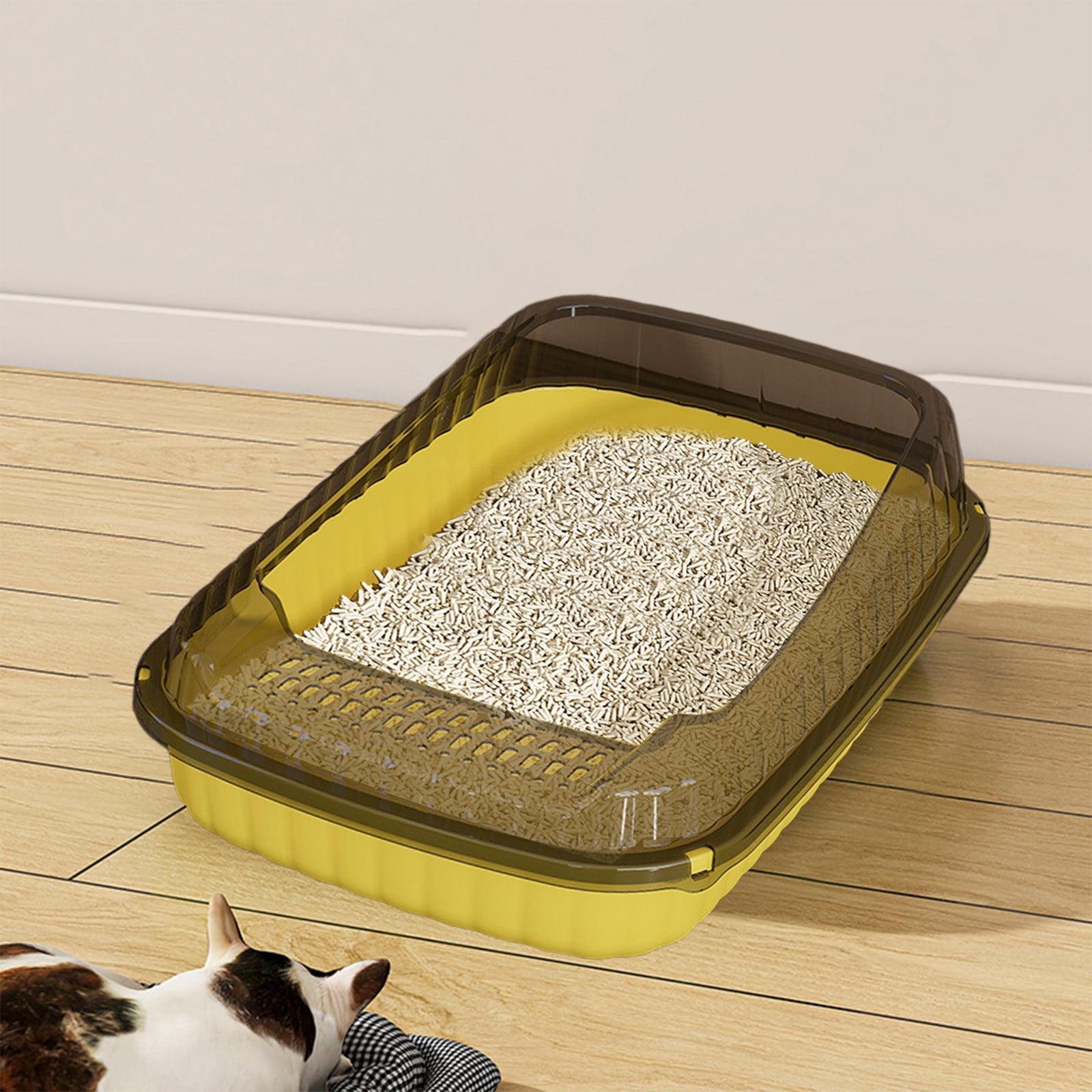 COM1950s Semi Enclosed Litter Box for Cats,High Sided Cat Litter Box with Splash Proof Design,Large Kitty Litter Pan with Scoop for Indoor Cats,Anti Leak Non Stick Bottom,Durable Plastic Litter Box