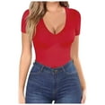thumbnail image 1 of Camiseta básica ajustada de manga larga y cuello en V para mujer, de rayón elástico/spandex - S-L, 1 of 5