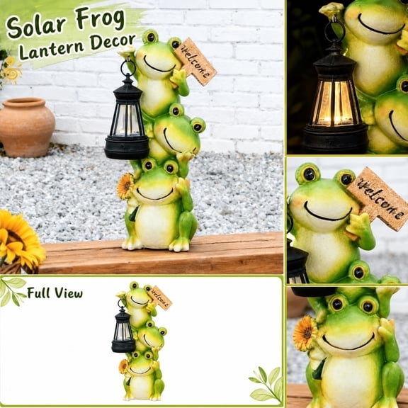 Yard Art Outdoor and Garden, Frog Garden Decor, Outdoor Solar Lantern, Solar Garden Light, 8X4 Inch Whimsical Stacked Frog Figurine Ornament with Welcome Sign and Sunflower