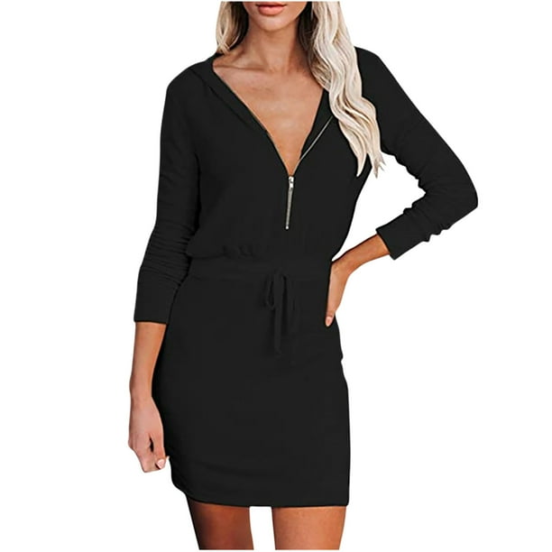 Vestido de sudadera con capucha sólido de manga larga con