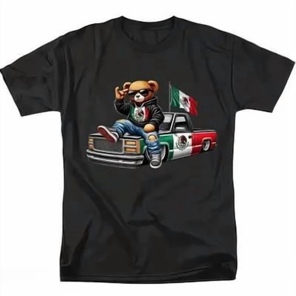 Camiseta de cuello redondo de moda de verano para hombre, ajuste cómodo, estampado de oso mexicano con camión, perfecta para entusiastas de los autos, ropa urbana negra.