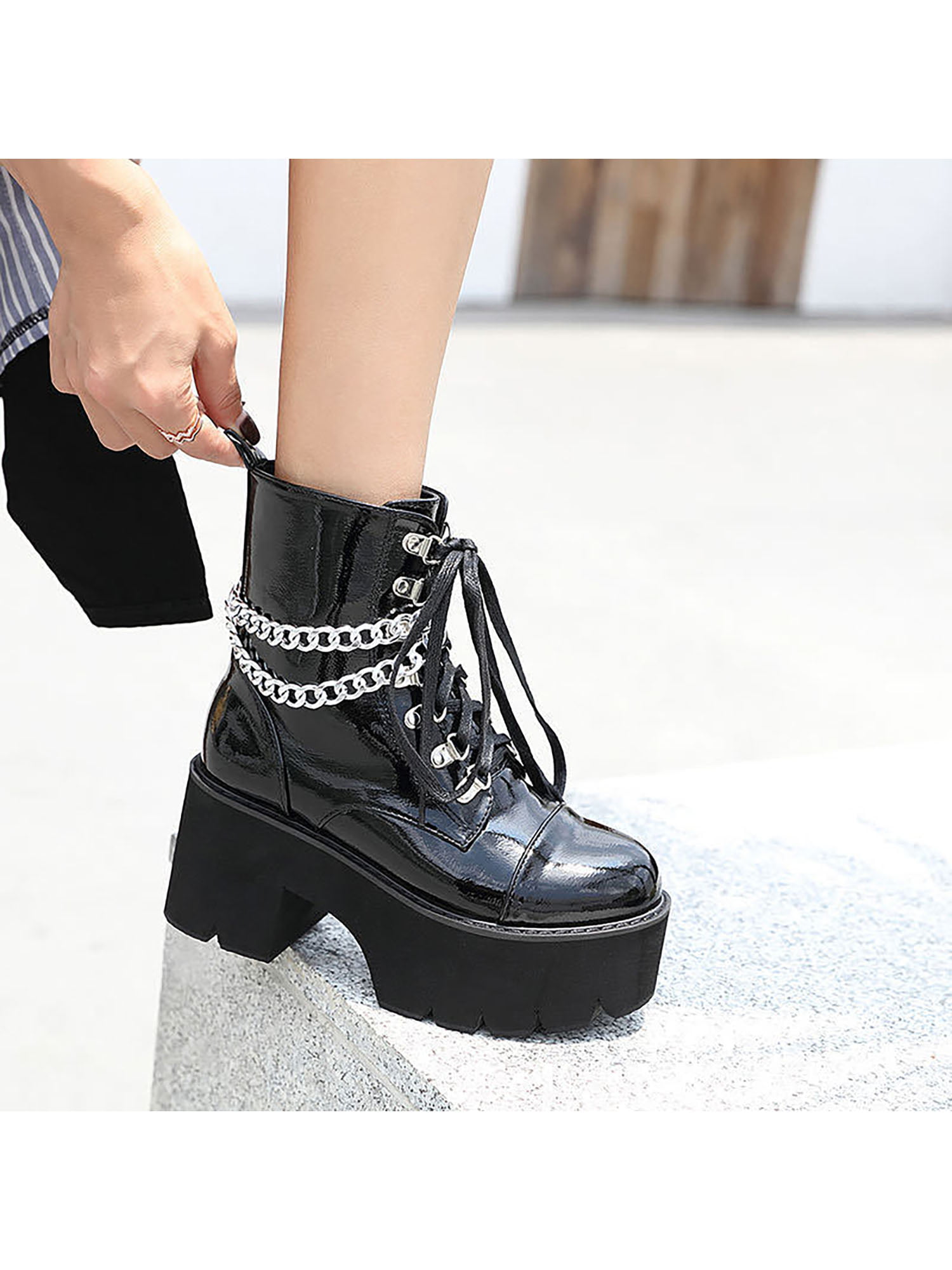 Lacyhop Women's Chunky Platform Goth Combat Boots with Chains