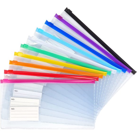 10 Pack Zipper Plastic Envelopes, Small Plastic Envelopes, A6 Size for Pencil Case Bulk, Bill Bag, 10 Color (9x4.7 Inch)