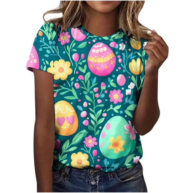 Pisexur Hauts pour Femmes Blouses Décontractées Élégantes Imprimé de Pâques Manches Courtes Col Rond, Grande Taille Multicolore, 5TG