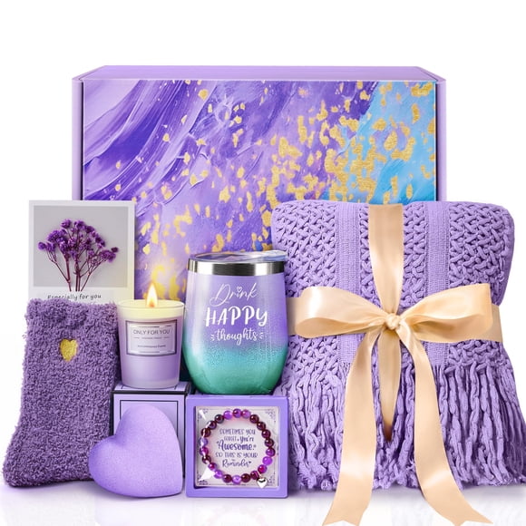 Canasta de regalo spa de lavanda MADDIFY con manta y vaso térmico