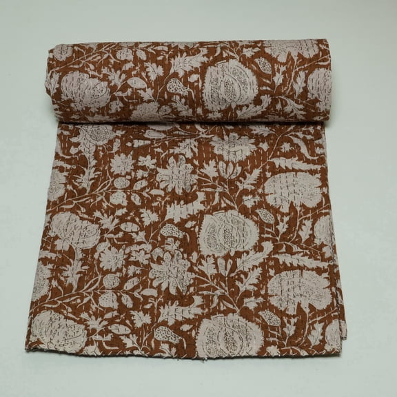Brown Floral Indian Kantha Quilt Cotton Block Print Bedspread for All Season Cozy Home Decor