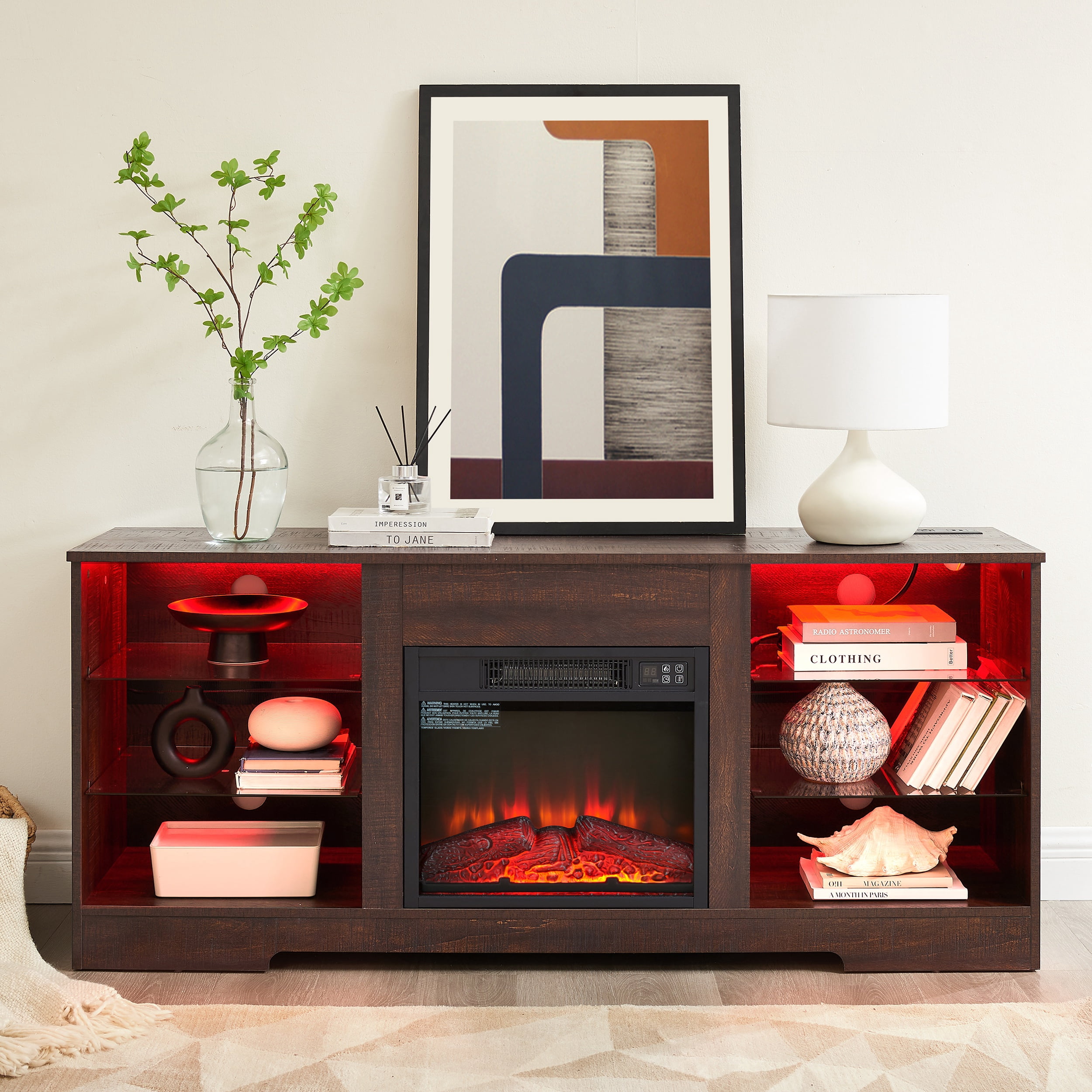PAPROOS Fireplace TV Stand for 65 Inch TV, Farmhouse Entertainment Center with 18'' Fireplace, Electric Fireplace TV Stand with LED Light & Charging Station, TV Console for Living Room, Espresso