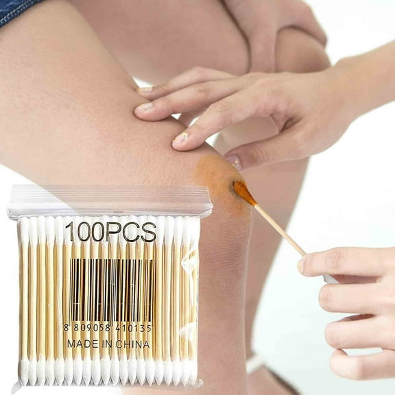 LiUMX 100 Pack Cotton Swabs with Wood Sticks | Soft Tip Double Ended Sanitary Swabs for Makeup Removal, Ear Cleaning & First Aid | Household & Travel Essential