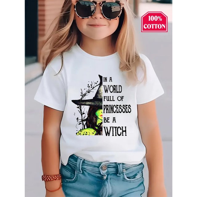 Girls' Wicked Witch Graphic T-Shirt - 100% Cotton Short Sleeve Round Neck Casual Top with "In a World Full of Princesses Be a Witch" Print, Black & Green Design, Perfect for Spring/Summ