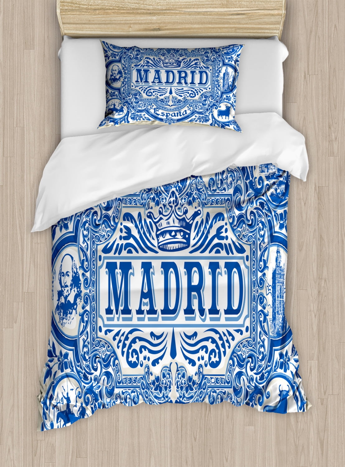 Spanish Duvet Cover Set Twin Size, Madrid Calligraphy Traditional