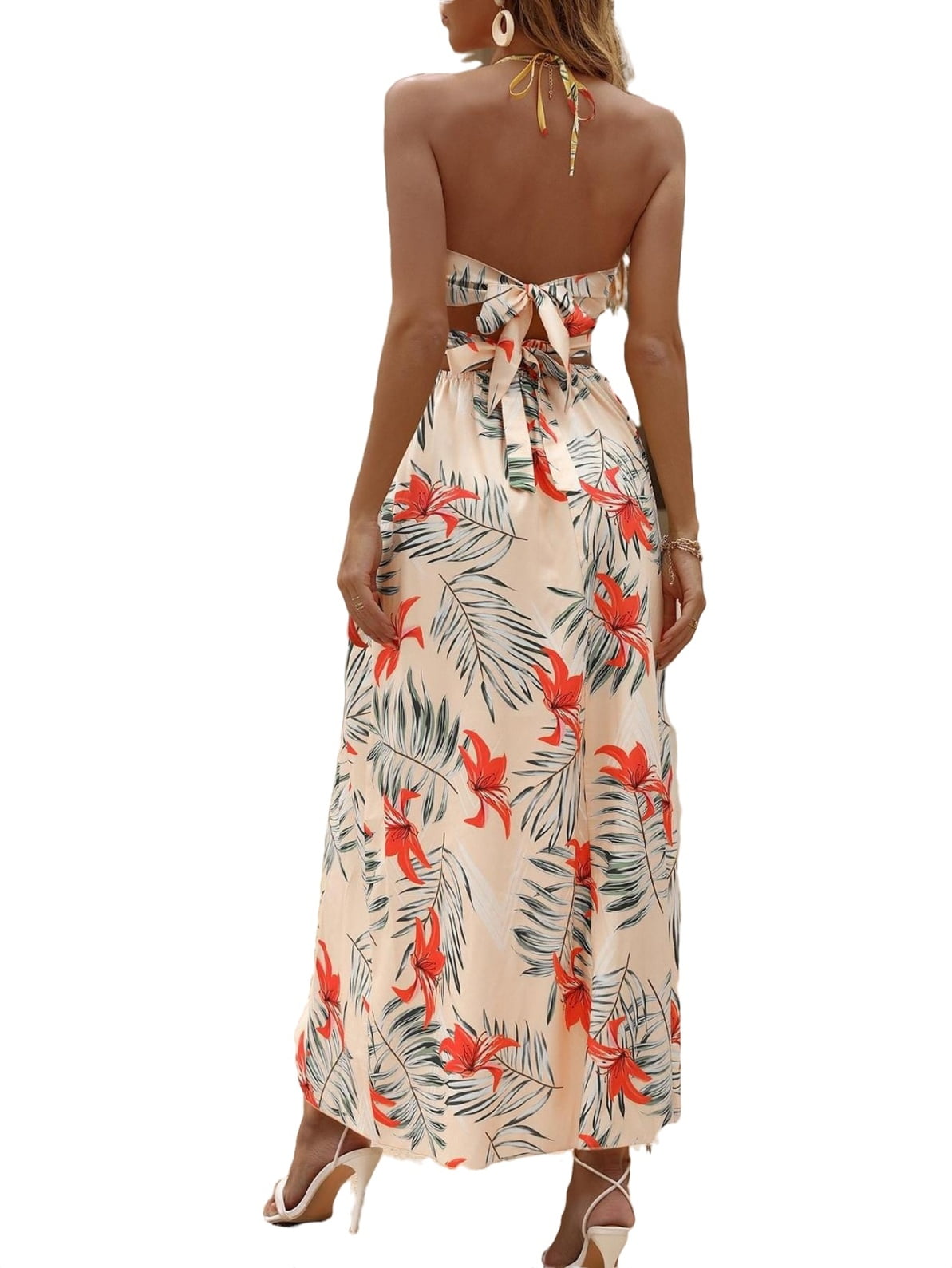 Women's Boho Backless Halter Neck Sleeveless Floral Print Maxi Dress M(6) 