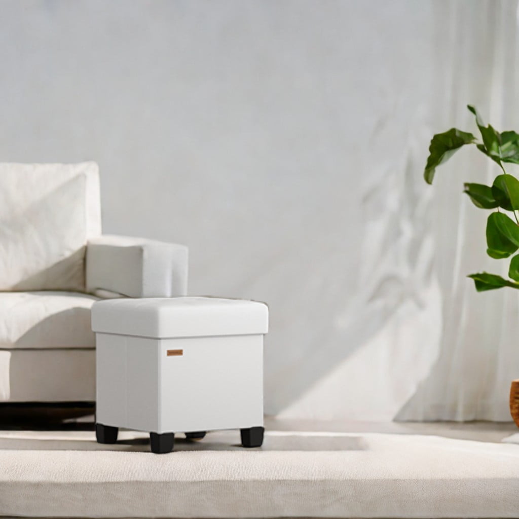 LEDREM 15-Inch Cube Storage Ottoman, 660 lb Capacity Foldable Footrest with 10 Gallon Storage, Synthetic Leather, Cloud White